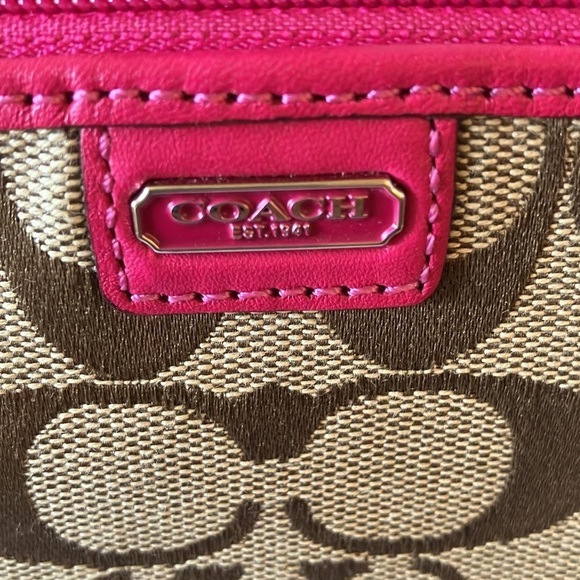 Coach: Khaki/Pink Signature Canvas/Leather wristlet/Clutch- 2 card slots - Picture 2 of 16